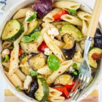 Roasted Vegetable Pasta in a white bowl.