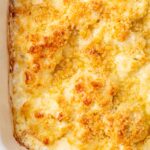 Cauliflower gratin in a white casserole dish.