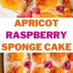 Apricot raspberry sponge cake pinnable image.