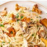 Creamy chanterelle pasta pinnable image.